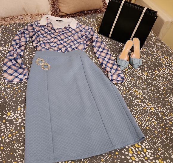 Light Blue A-Line Midi Skirt for Casual - Picture 1 of 5